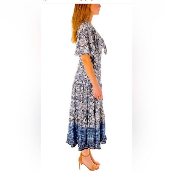 NEW Taylor Blue Floral Cut Out Midi Dress Short Flutter Sleeve Size 6 MSRP $138 - Picture 7 of 9